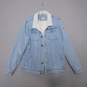 Born Primitive Denim Jacket Men Large Blue Sherpa Lined Trucker Flag Patch